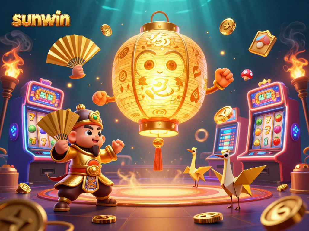 Spin and win with sunwin at a lively casino illustrated scene featuring vibrant slot machines.