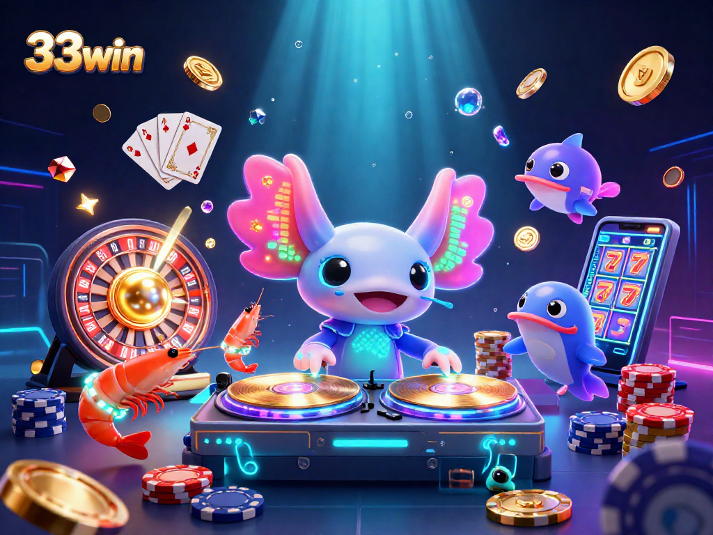 Experience thrilling gaming with 33win as neon axolotl DJ spins under glowing aquatic lights.