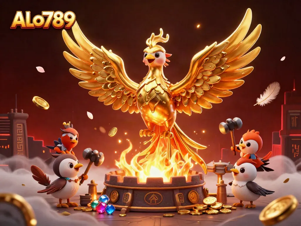 Experience ALO789's exciting cockfighting arena with a golden phoenix amid dynamic casino elements.