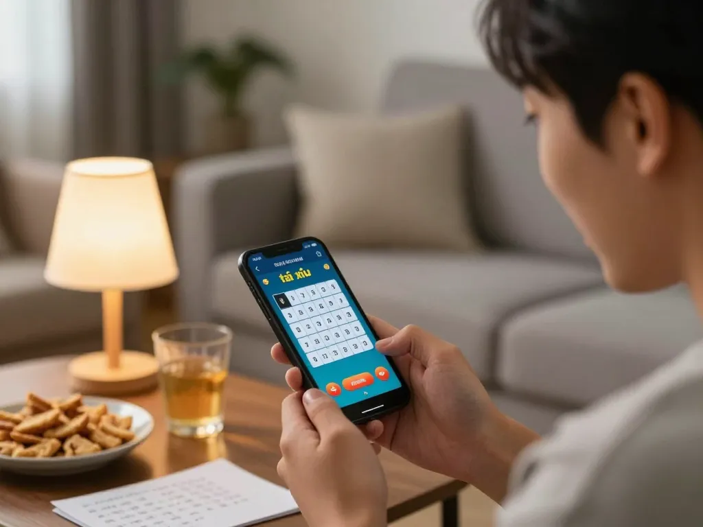 Engaging with app tài xỉu online in a cozy home setting, showing excitement in a vibrant atmosphere
