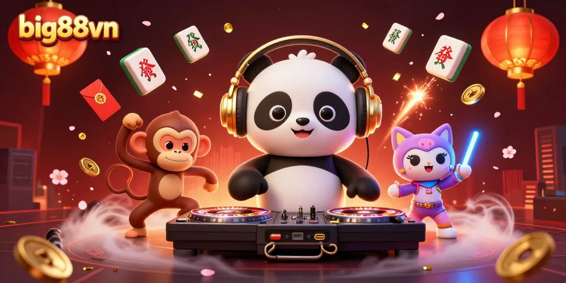 big88vn showcases a vibrant 3D illustration featuring a DJ panda, breakdancing monkey, and rave kitten in a lively casino scene.