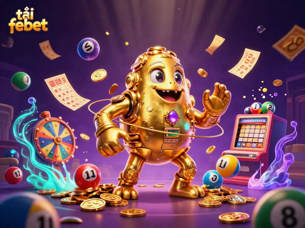 Engage with vibrant lottery balls and golden golem in an exciting tải febet online gambling scene.