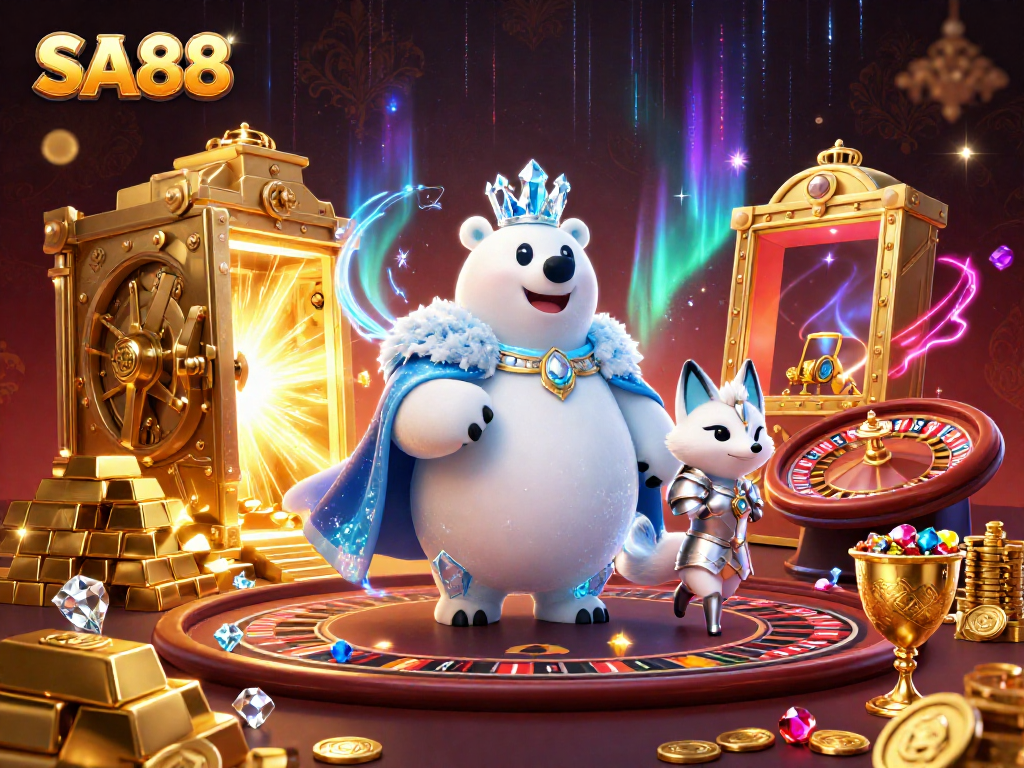 Experience thrilling gameplay at SA88 with the ice king and snow fox amidst a lavish casino scene.