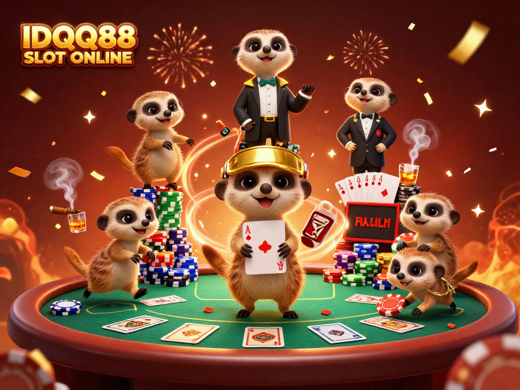 Engage with IDQQ88 SLOT ONLINE in a vibrant casino scene showcasing meerkats at play.