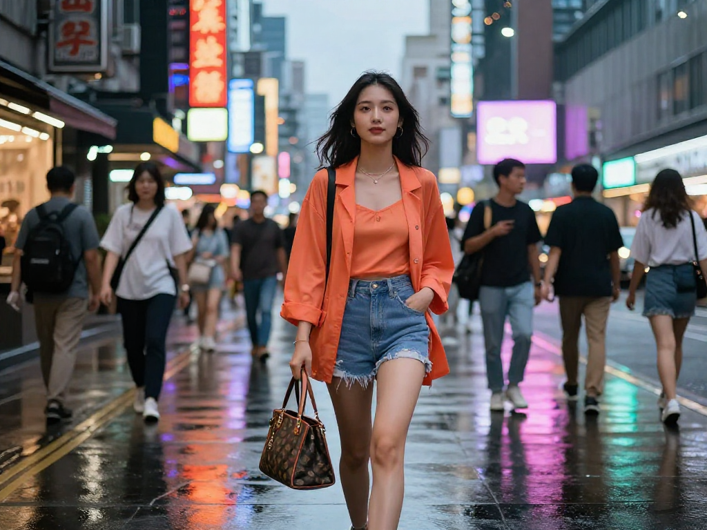 Gái gọi trong không gian sôi động của phố phường về đêm với ánh đèn neon.