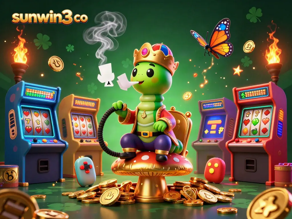 Engage thrilling gaming scenes featuring sunwin3 co, with a caterpillar hookah-master and vibrant casino elements.