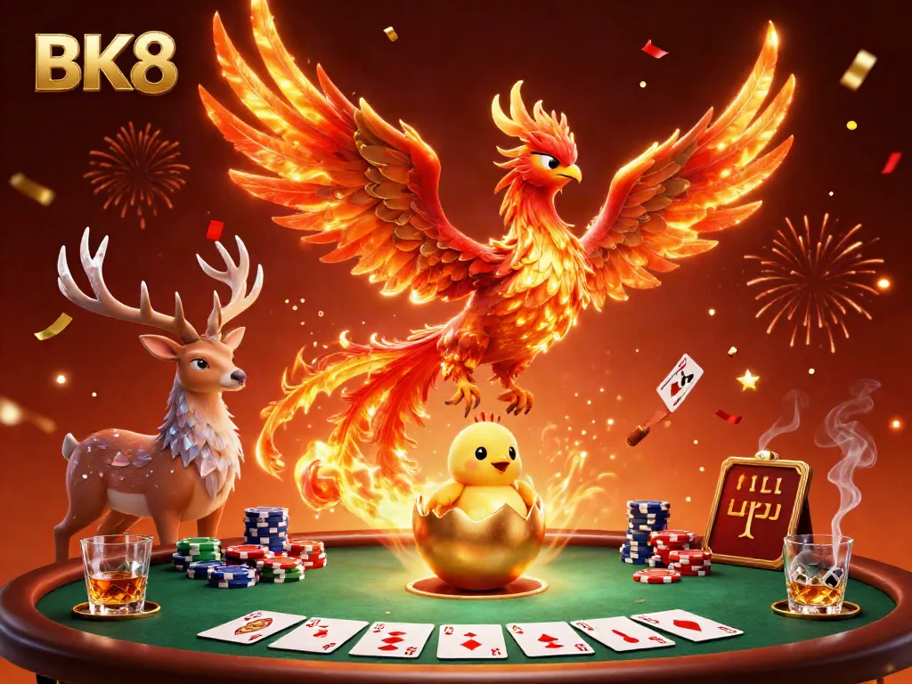 Experience the thrill of BK8 gaming with a fiery phoenix and poker elements in this vibrant casino scene.