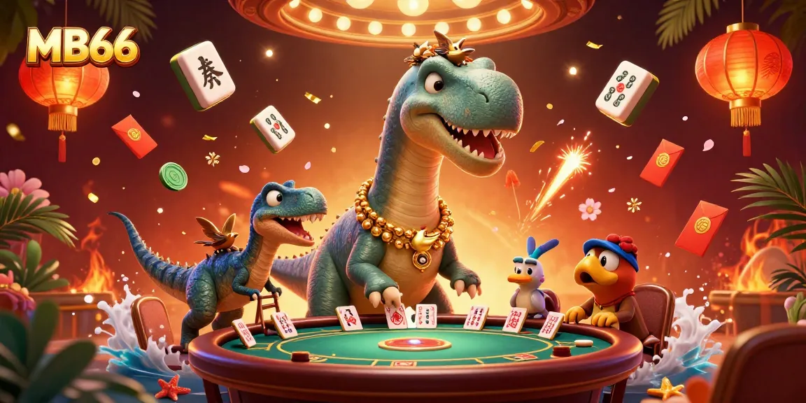 Experience thrilling gaming moments at MB66 with vibrant 3D illustrations of brontosaurus and clever raptor.