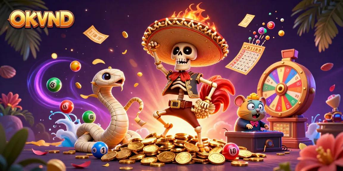 Engage with OKVND's thrilling entertainment featuring colorful lottery balls and festive casino elements.