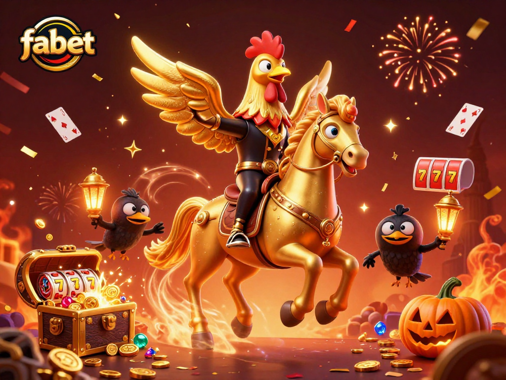 Experience fabet's vibrant casino atmosphere with golden rooster characters in a magical setting.