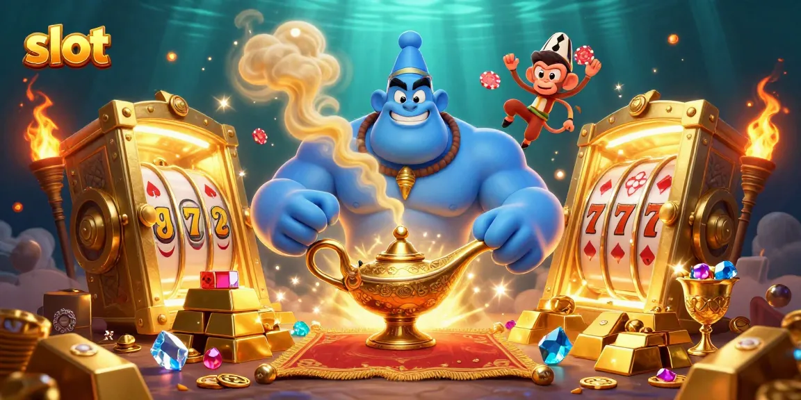 Experience thrilling slot gaming action with a dynamic genie, monkey, and treasure in this vibrant illustration.