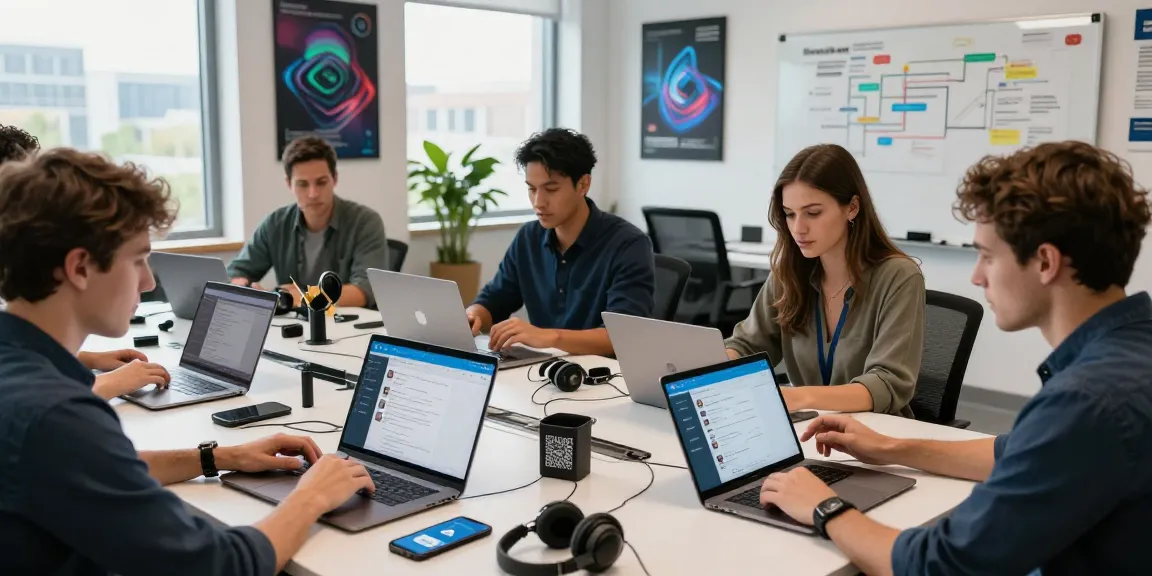 Professionals using the Telegram Web Version in a modern office setting, showcasing collaborative tech engagement.