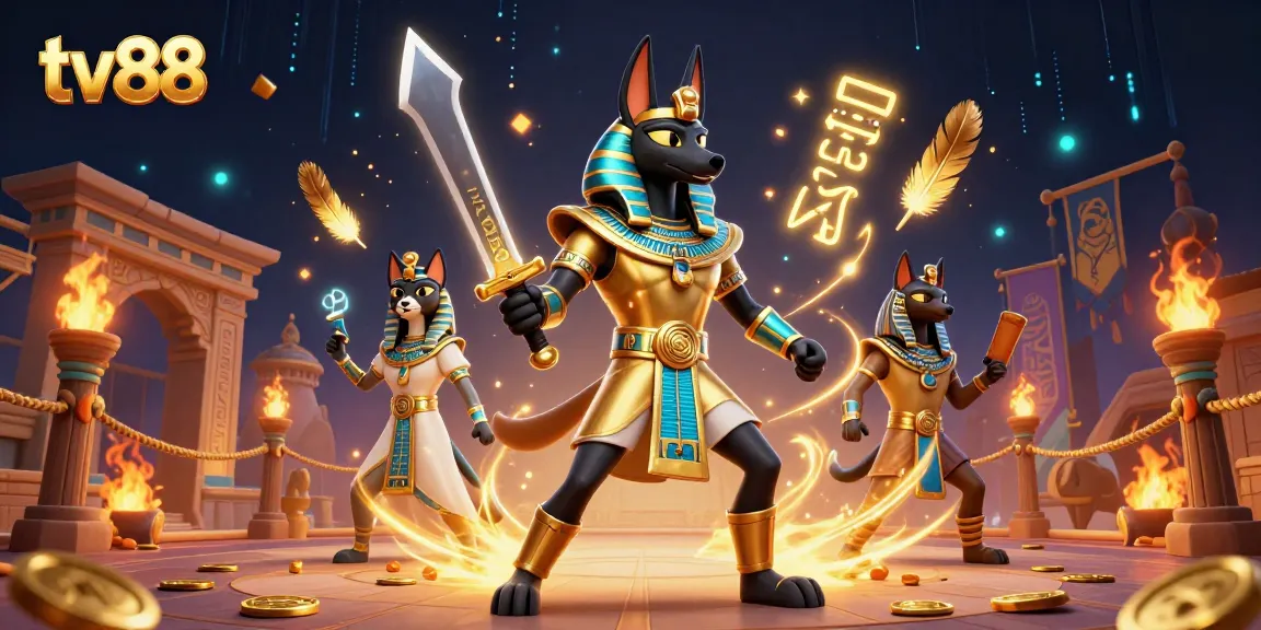 Engage with thrilling betting opportunities at tv88, featuring Egyptian warrior Anubis amidst rich gambling elements.