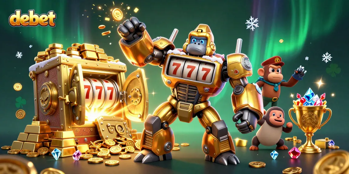 Experience the thrilling action of debet with a dynamic golden gorilla mech amidst majestic casino elements.