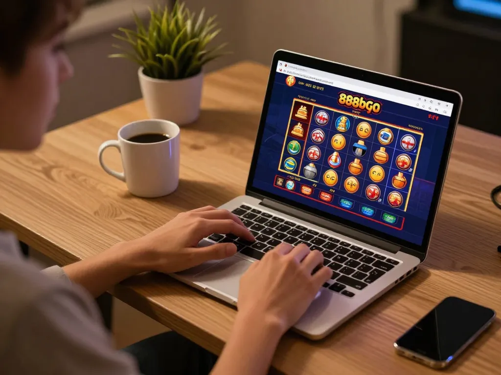 Player engaging with the 888bgo gaming platform on a laptop, showcasing a cozy home environment.