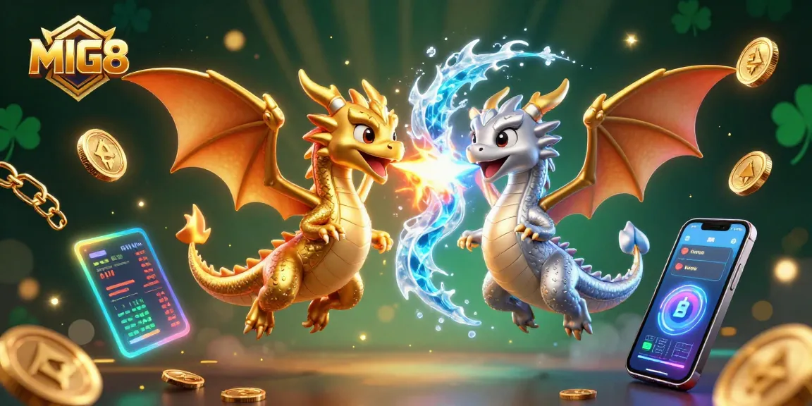 MIG8 presents an exciting casino scene with golden and silver dragons amid Bitcoin and Ethereum coins, capturing dynamic gaming energy.