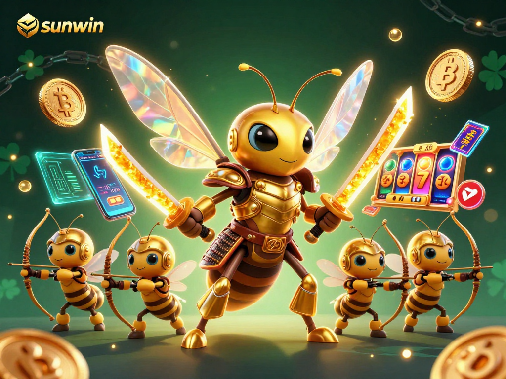Engage with sunwin's vibrant casino art showcasing golden hornets amidst rich slot game elements.