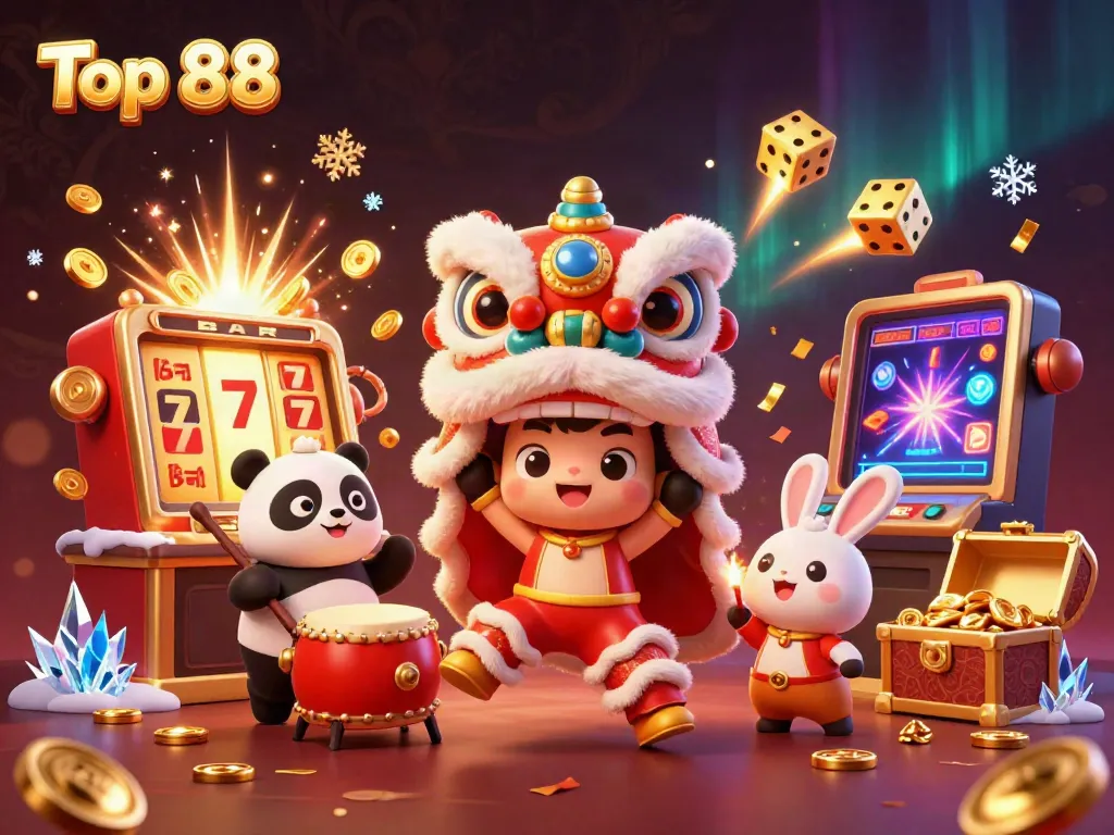 Experience thrilling moments with Top 88 at a vibrant casino featuring festive lion dance and exciting slot action.