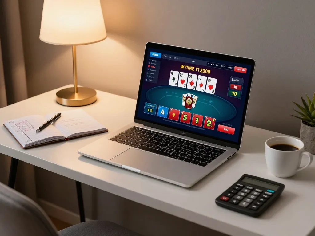 Engaged in online poker via Go99 gaming platform with strategic notes and cozy atmosphere.