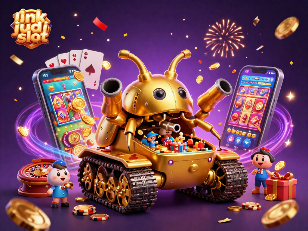 Link judi slot dalam ilustrasi 3D menunjukkan mesin slot dan kasino mini yang penuh warna.