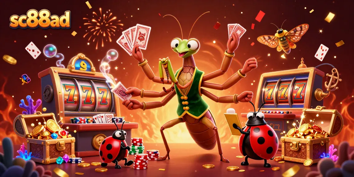 sc88ad showcases a vibrant scene of gambling excitement with a mantis dealer, slot games, and magical elements.