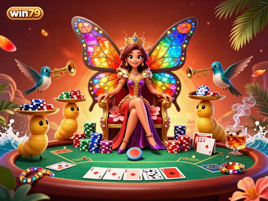 Experience the vibrant win79 casino atmosphere with a colorful butterfly queen and poker elements.
