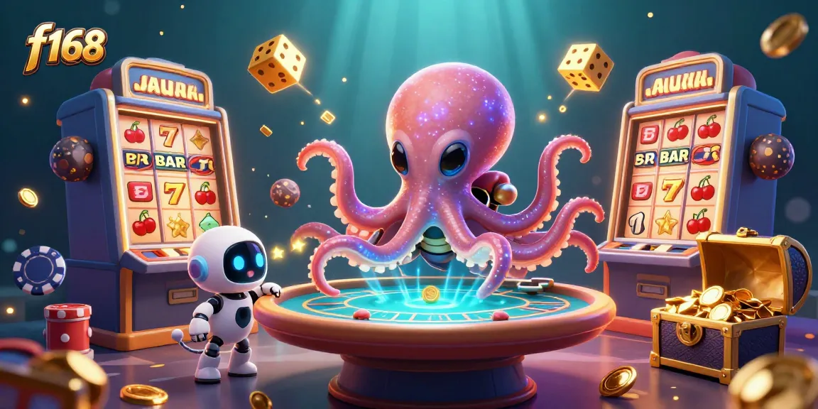 Join the excitement at f168 with an alien octopus and robot amid a casino spectacle.