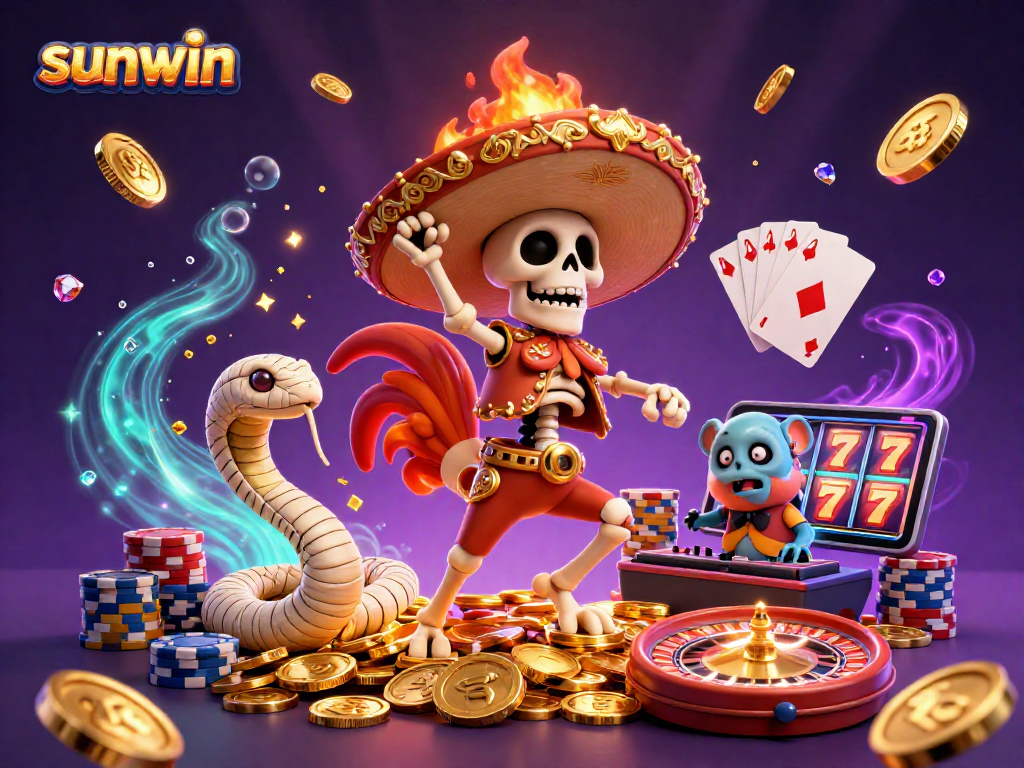 Experience thrilling fun with sunwin's vibrant 3D illustration, featuring playful casino characters and dynamic game elements.