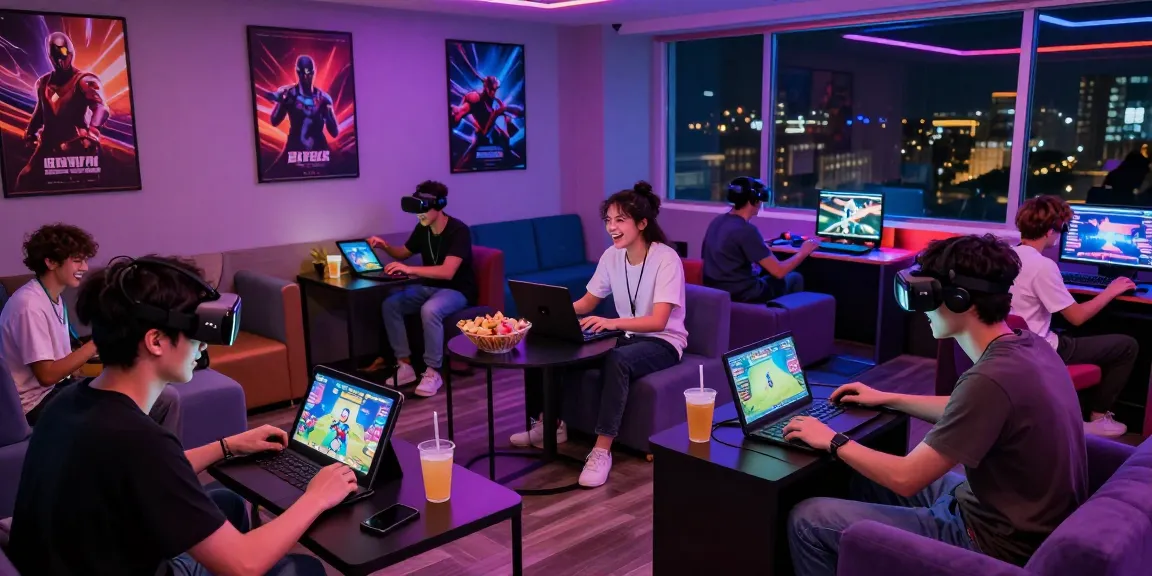 Players enjoying hentaigames in a vibrant gaming lounge with diverse devices and lively atmosphere.