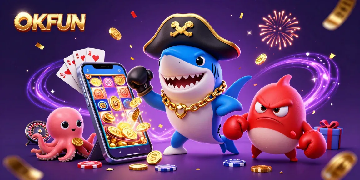 Play exciting slot games with OKFUN featuring a pirate shark, pufferfish, and octopus celebrating winnings.