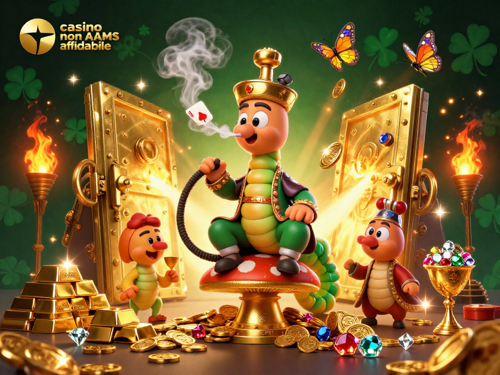 Immagine vivace del tema casino non AAMS affidabile, raffigurante un enorme bruco con narghilè e simboli di gioco che fluttuano.