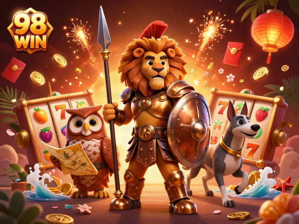 Engage with the exciting world of 98 WIN, featuring vibrant 3D casino characters and elements.