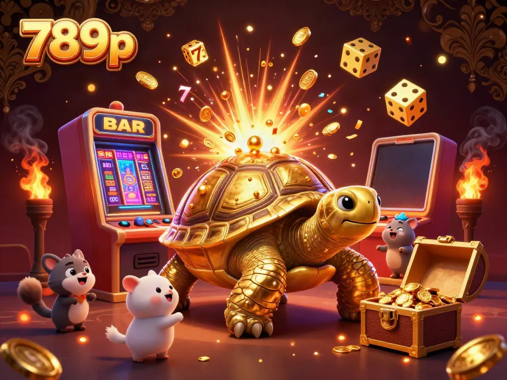 Experience the excitement of 789p with a golden tortoise pinball machine amidst vibrant casino elements.