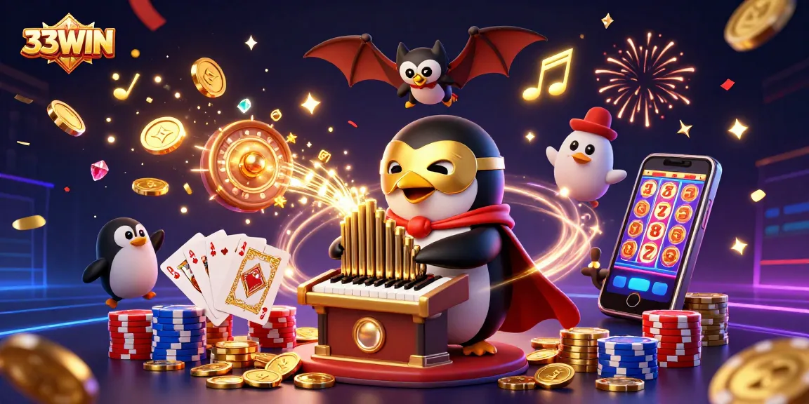 Experience thrilling gameplay at 33WIN with a dazzling casino scene featuring animated characters and golden elements.