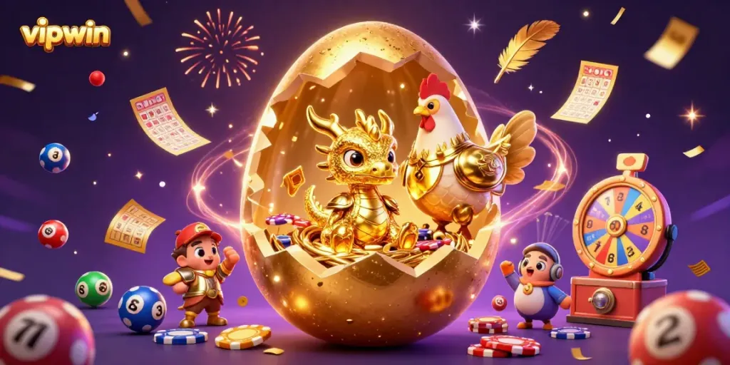 Experience explosive wins with VIPWIN's dynamic lottery and casino atmosphere, showcasing a golden dragon.