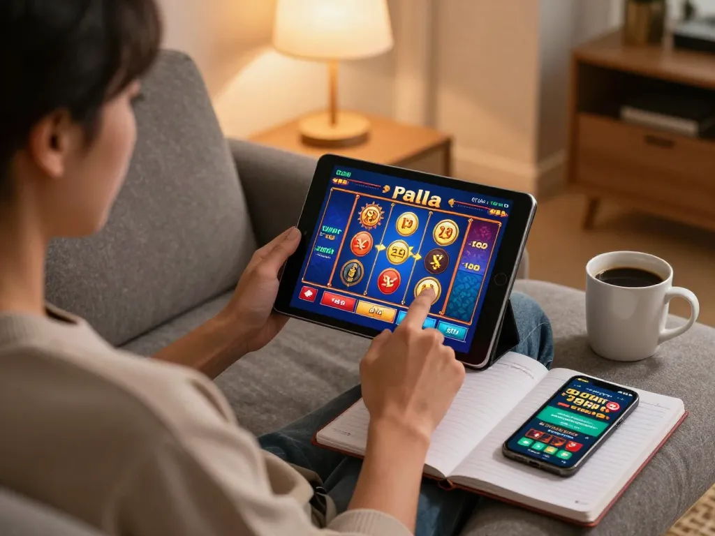 Engaging in slot pulsa gameplay on a tablet in a cozy home environment, with strategy notes nearby.
