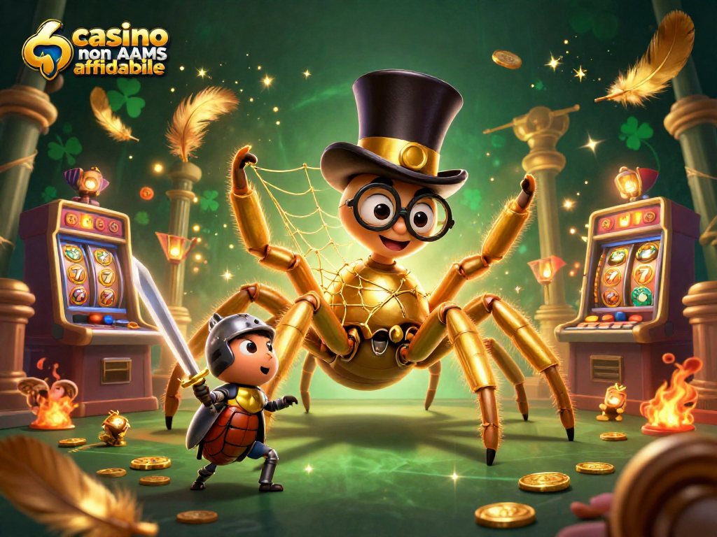 Illustrazione 3D di un casino non AAMS affidabile con una tarantola dorata e un cavaliere scarabeo.