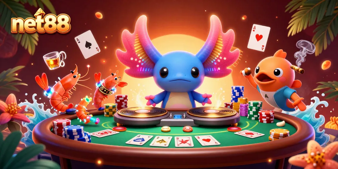 Engage with net88's vibrant casino scene featuring an axolotl DJ, poker elements, and energetic sea creatures.