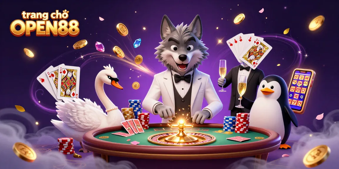 Experience the thrill of trang chủ OPEN88 with a lively casino scene featuring a debonair wolf, elegant swan, and sophisticated penguin amid dynamic gaming elements.