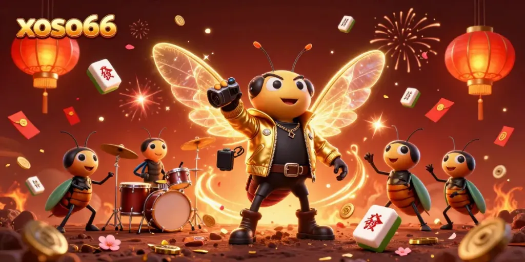 Experience the thrill of xoso66 with dynamic cartoon characters celebrating amidst dazzling gambling elements.