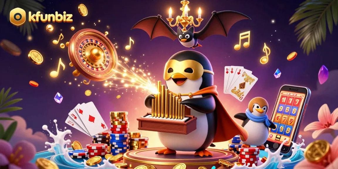Experience excitement at okfunbiz with a vibrant casino illustration of animated characters and games.