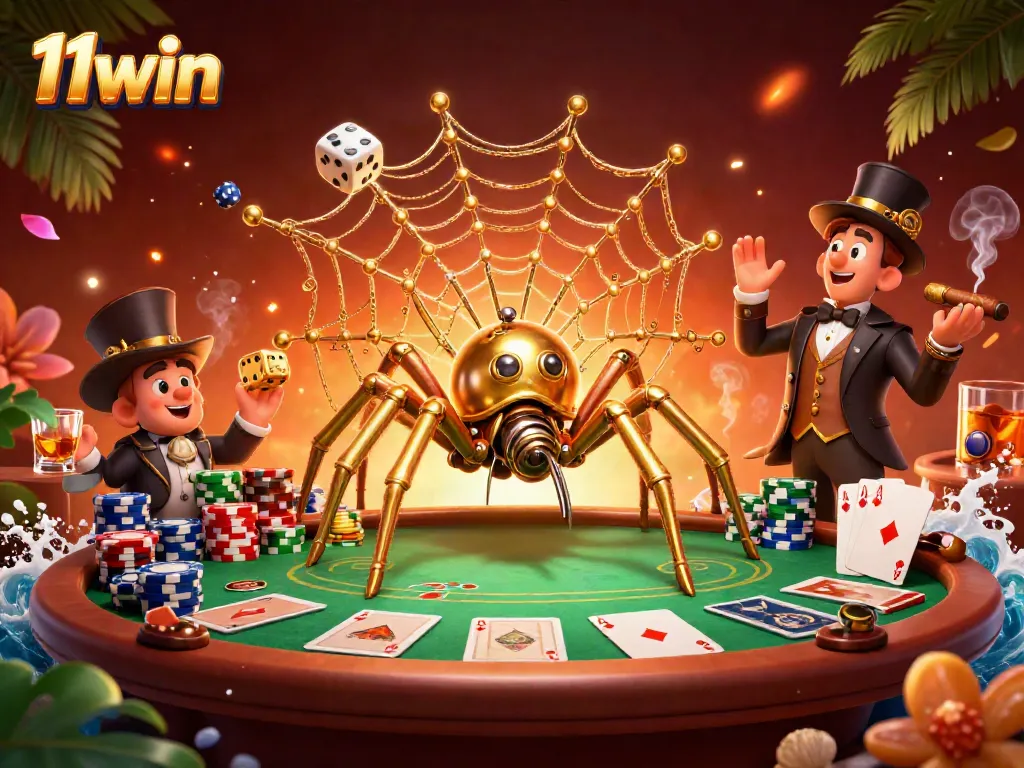 Engaging 11win steampunk casino scene with a spider web of poker elements and vibrant game symbols.