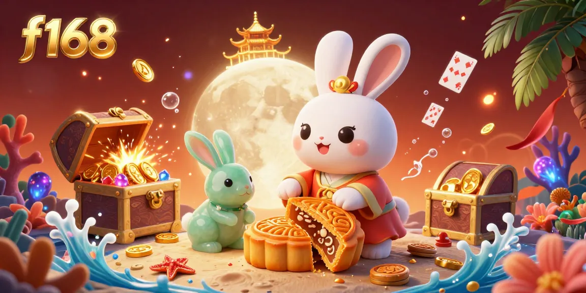 Experience thrilling action at f168 as the moon rabbit reveals hidden poker chips amidst a vibrant gaming scene.