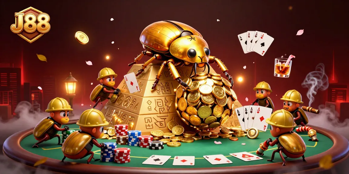 J88 players engage in thrilling casino action, featuring a golden dung beetle amidst poker elements.