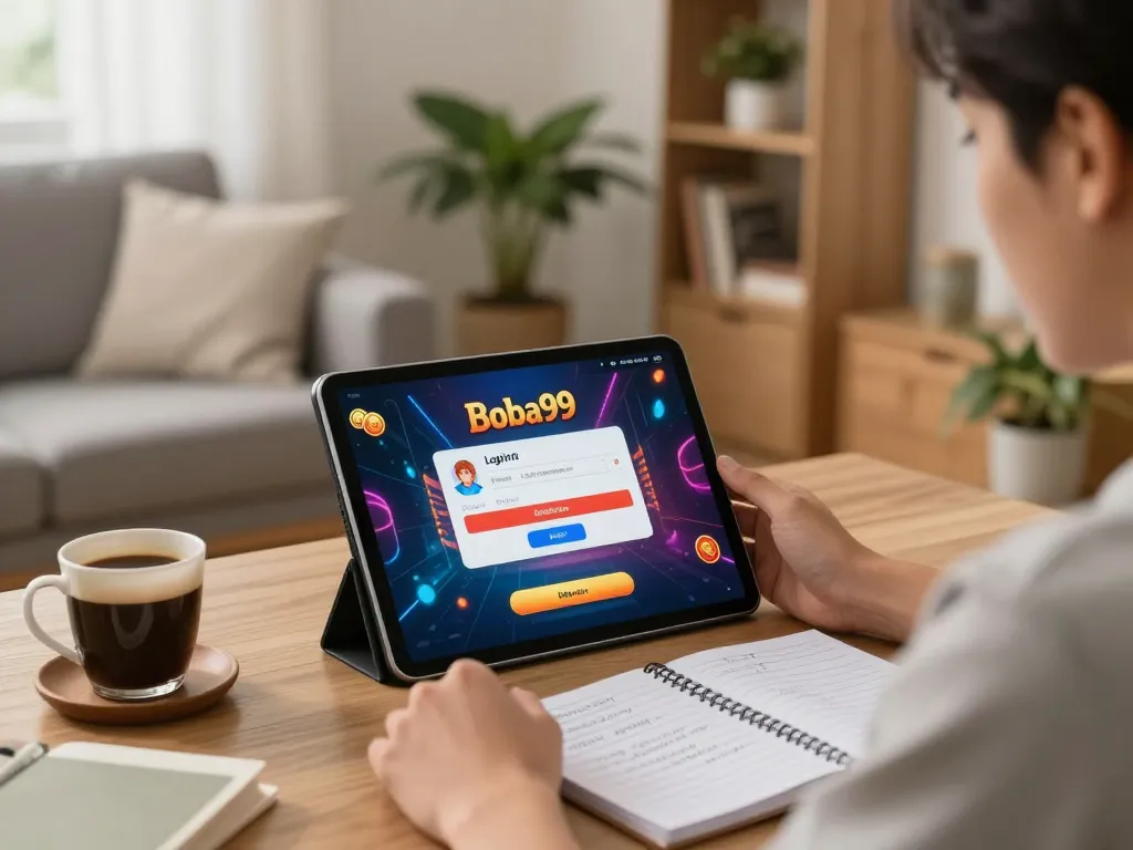 Terlibat dalam Login Boba99 di tablet, menampilkan antarmuka permainan kasino dalam pengaturan rumah yang nyaman.