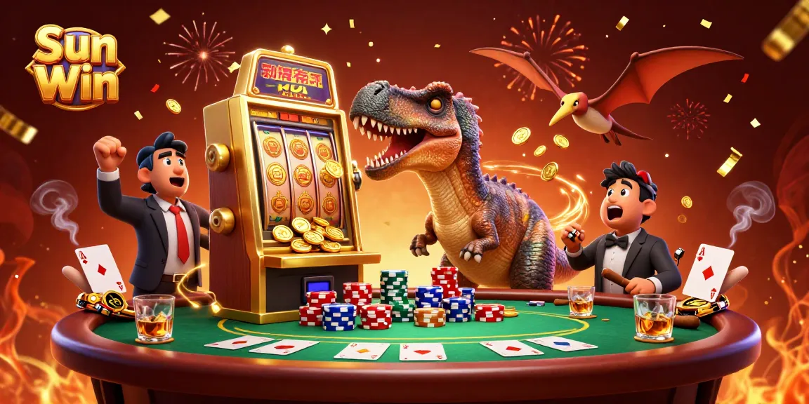 Sun Win shows a cartoon dinosaur winning jackpots with golden coins at a lively casino scene