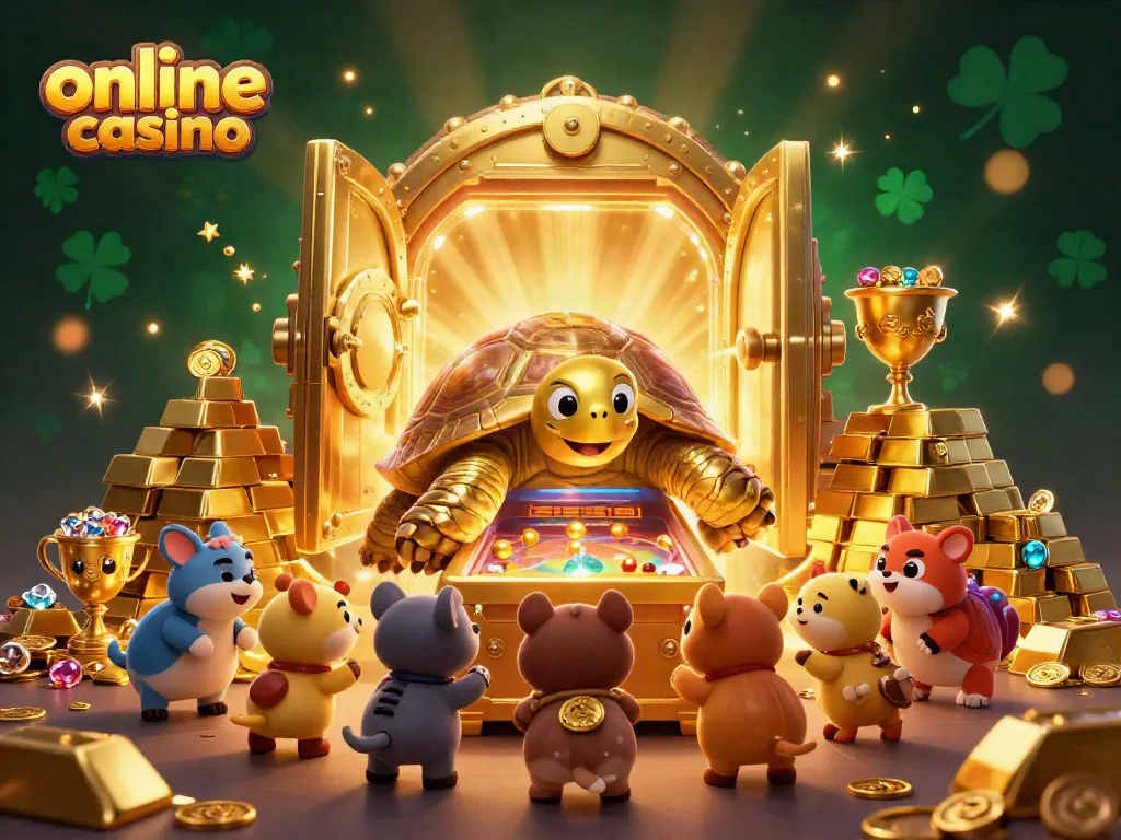 Experience the excitement of an online casino with a whimsical colossal tortoise pinball machine and vibrant treasures.