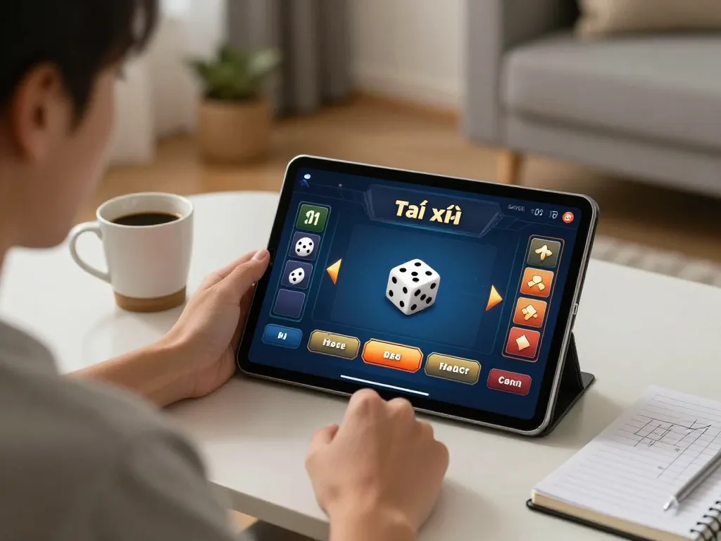 Tài xỉu online gameplay setup with a player analyzing betting options in a cozy home.