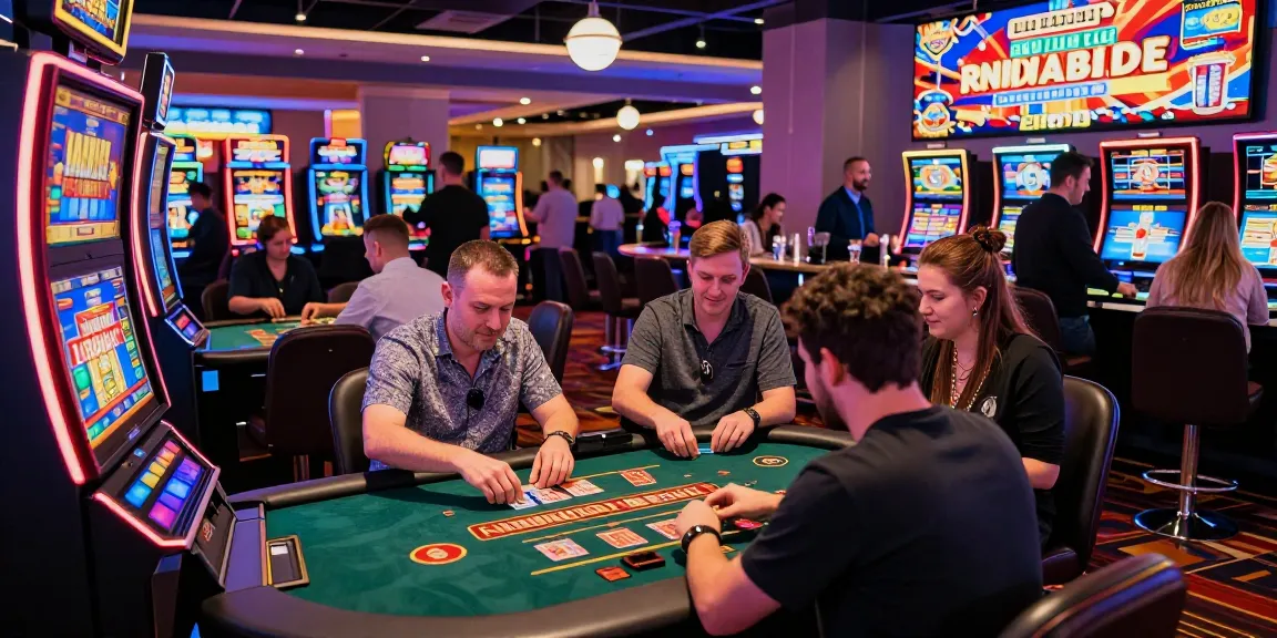 Players enjoying games at a lively non UK casino with vibrant slot machines and live dealer tables.