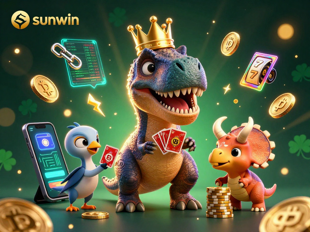 Engage in exciting gameplay with sunwin through vibrant 3D casino illustration showcasing T-Rex and friends.